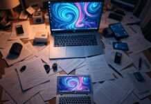 AI Animation Apps: Turn Boring Videos Into Art "Overhead view of a cluttered desk with a laptop showing vibrant AI art swirls, surrounded by papers and a coffee mug, in a dimly lit room, 1:1 ratio."