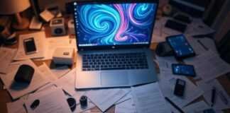 AI Animation Apps: Turn Boring Videos Into Art "Overhead view of a cluttered desk with a laptop showing vibrant AI art swirls, surrounded by papers and a coffee mug, in a dimly lit room, 1:1 ratio."