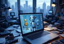 Create Talking Avatars With These Fun AI Video Tools Alt Text: "Impressionistic view of a chaotic Seattle desk with a tilted laptop showing quirky robot avatars, 1:1 ratio."