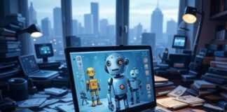 Create Talking Avatars With These Fun AI Video Tools Alt Text: "Impressionistic view of a chaotic Seattle desk with a tilted laptop showing quirky robot avatars, 1:1 ratio."