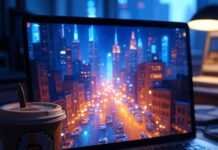 Create Stunning AI Avatars That Look Just Like You Laptop screen glowing with neon cyberpunk cityscape, messy coffee cup with pixelated paintbrush sticker in foreground, Brooklyn night reflection.