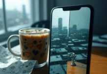 Best AI Photo Enhancer Apps: Instantly Upgrade Your Pics Like a Pro A smartphone on a rickety wooden desk displays a split-screen of a blurry, rain-smeared Seattle skyline selfie transforming into a sharp, vibrant shot. A half-spilled iced coffee mug with a wonky shadow and a crumpled napkin with doodled pixel hearts sit nearby. A tiny cartoon robot arm emerges from the phone's port, giving a thumbs-up, blending muted teal grays with electric orange highlights in a wryly humorous, slightly blurred photorealistic style.