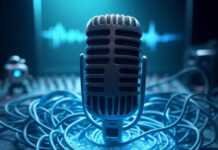 AI Audio Enhancer: Instantly Fix Bad Recordings & Sound Like a Pro! Alt text: A glowing vintage microphone half-submerged in digital blue light, surrounded by tangled audio cables forming a heart shape, with a faint soundwave in the background. A tiny cartoon robot adjusts a mixing board, set against a dreamy, blurred backdrop with neon teal, dusty coral, and midnight blue tones. Caption: “The magic of AI audio enhancers, turning chaos into clarity.”