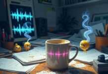 Remove Background Noise in Real-Time with These Apps A messy home office desk with a spilled coffee mug, a phone displaying fading audio waveforms, ghostly car horn visuals dissolving, and cartoon earplugs dancing mischievously, styled with glitch-art edges, neon greens, muted grays, and rusty oranges.