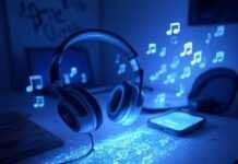 Auto-Tune Your Voice Like a Star Using AI Apps Messy Brooklyn desk with glowing smartphone, retro headphones, cheap mic, and pixelated musical notes in a blue-lavender-charcoal palette.