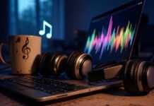 Make Music With AI: Create Amazing Tracks Without Instruments A glowing laptop displays vibrant soundwave patterns, old headphones rest on a cluttered desk, and a holographic musical note flickers above. A chipped coffee mug with a treble clef sits nearby, captured from a low-angle shot mimicking a late-night music-making session.