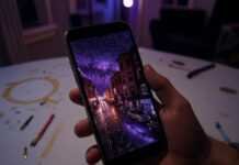 Double Exposure Apps: Unleash Your Inner Surrealist and Create Stunning Masterpieces A shaky hand holds a phone displaying a double exposure of a neon Boston street merging with a galaxy, set against a purple-amber-crimson late-night vibe. A coffee stain and glowing paintbrushes litter the messy Somerville apartment table.