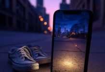 Best Light Trail Photography Apps for Android and iPhone Smartphone on a Chicago sidewalk at dusk, displaying a light trail photo, with scuffed sneakers, a faint firefly glow, and a rogue headlight beam, in an indigo, neon orange, and lavender palette.