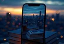 Long Exposure Photos on Your Phone: Unleash Your Inner Photographer with These Top Apps A slightly blurred, photorealistic image of a smartphone perched precariously on a stack of books, capturing a glowing cityscape at dusk with a faint face reflection on the screen. A coffee cup sits nearby, while fireflies float around, set against deep indigo blues and warm amber glows in a 1x1 ratio.