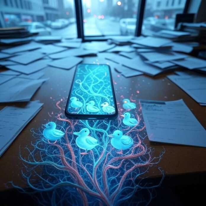 Holographic glitchy vines with rubber duckies spilling from a smartphone on a messy Seattle desk, rainy cityscape visible through window. Holographic glitchy vines with rubber duckies spilling from a smartphone on a messy Seattle desk, rainy cityscape visible through window.