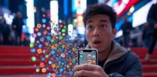 Most Downloaded Apps U.S. 2025: Discover the Top Mobile Downloads "Glitchy Times Square scene with app icons spilling from a shaky hand."