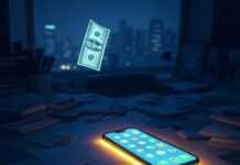 10 Million-Dollar App Ideas That Became Reality Late-night brainstorming in a cramped apartment: a cluttered desk glows under a smartphone's bright screen, a dollar bill floats mysteriously in the dim light, with a dreamlike city skyline in the distance.