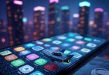 Discovering Truly Unique Mobile Apps You’ve Likely Never Seen A cracked smartphone screen with obscure app icons, featuring a tiny spaceship and pixelated coffee cup, set against a neon-lit cityscape with muted purples, teals, and neon orange.