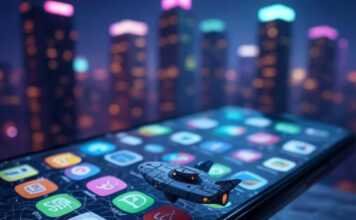 Discovering Truly Unique Mobile Apps You’ve Likely Never Seen A cracked smartphone screen with obscure app icons, featuring a tiny spaceship and pixelated coffee cup, set against a neon-lit cityscape with muted purples, teals, and neon orange.