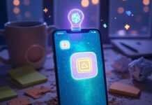 Best AI Apps for Android That Feel Like Magic A slightly blurred photorealistic image of an Android phone displaying a glowing AI app, with a holographic assistant flickering above. The messy desk features a tipped-over coffee mug, crumpled sticky notes, and pixelated sparkles, illuminated by neon purple, muted olive green, and burnt orange tones.