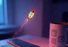 Top Apps Every Entrepreneur Needs on Their Phone A high-res, slightly blurred photorealistic shot of a cluttered desk with a glowing smartphone, a half-spilled coffee mug, and a crumpled sticky note with app icons, featuring a tiny pixelated rocket ship floating above, in a muted neon palette of faded pinks, greens, and blues.