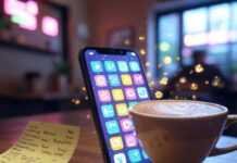 20 Useful Apps That’ll Change the Way You Live Alt text: A slightly blurred smartphone screen glowing with colorful app icons floats like fireflies in a cozy, dimly lit coffee shop. Nearby, a half-spilled latte with a foam heart sits next to a crumpled Post-it note listing app names, with muted neon pinks, greens, and purples against a beige background, evoking tech's promise and chaos.