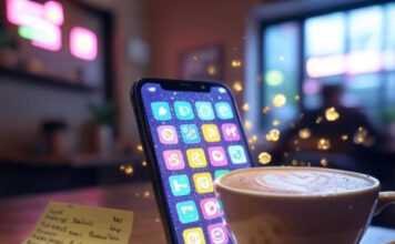 20 Useful Apps That’ll Change the Way You Live Alt text: A slightly blurred smartphone screen glowing with colorful app icons floats like fireflies in a cozy, dimly lit coffee shop. Nearby, a half-spilled latte with a foam heart sits next to a crumpled Post-it note listing app names, with muted neon pinks, greens, and purples against a beige background, evoking tech's promise and chaos.