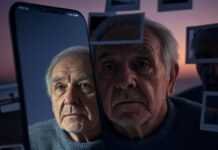 See Your Future: Exploring the Fascinating World of AI Age Progression Apps Alt text: A slightly blurred, photorealistic image of a distorted mirror reflecting an older face, with a glowing smartphone screen in the foreground. Scattered polaroids of various life stages and a faint clock ticking in the background add depth. The muted purple-orange sunset palette evokes a cautiously optimistic yet uneasy vibe, captioned "My future self staring back through an AI age progression app, equal parts hope and dread."