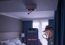 Best Hidden Camera Detector Apps You Can Trust: Your Digital Shield A photorealistic image of a dimly lit hotel room. A hand holds a smartphone showing a "threat detected" message from a hidden camera app. A faint red LED light from a smoke detector reflects on the screen, and a cartoonish spy peeks from behind a curtain. The color palette is muted purples and blues with neon red highlights.