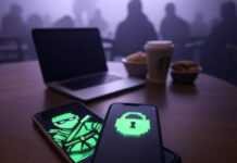 Private Browser Apps: Browse Without Leaving a Trace Cluttered Starbucks table with laptop, smartphone displaying a glowing padlock, faint digital footprint fading into misty purple-gray background, and a neon-green pixelated ninja sneaking across the screen.