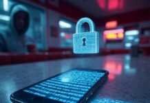 Keep Your Messages Private With These Top-Rated Apps A dimly lit Brooklyn diner scene with a phone displaying glowing encrypted text, a holographic padlock hovering above, neon fingerprints on the edge, and a blurry hoodie figure reflected in the window.