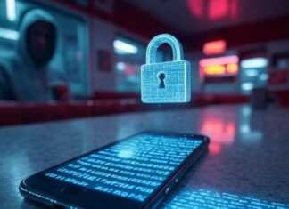 Keep Your Messages Private With These Top-Rated Apps A dimly lit Brooklyn diner scene with a phone displaying glowing encrypted text, a holographic padlock hovering above, neon fingerprints on the edge, and a blurry hoodie figure reflected in the window.