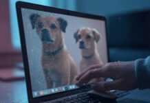 Upscale Low-Quality Images Using AI – No Photoshop Needed! Close-up of a laptop screen with a split view: a blurry pixelated dog photo on one side, a crisp AI-enhanced version on the other. A hand with chip crumbs on the sleeve hovers nervously over the mouse, set against a muted neon palette with pixel sparkles.