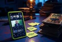 Remove Backgrounds From Videos Using These Smart Apps A slightly blurry close-up of a messy indigo Brooklyn desk: a phone propped on old comic books glows with an electric lime green video editing app mid-background removal; nearby, a chipped "Coffee = Life" mug, crumpled sticky notes including a neon-green UFO doodle, and amber light from a flickering lamp.