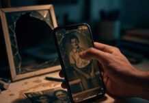 Restore Old Photos With Just One Tap – Top AI Tools A shaky hand holds a phone over a cluttered desk with coffee stains and pens, capturing a faded sepia photo vibrantizing into emerald and sapphire hues, beside a cracked frame and glowing AI interface in a bittersweet, photorealistic vibe.