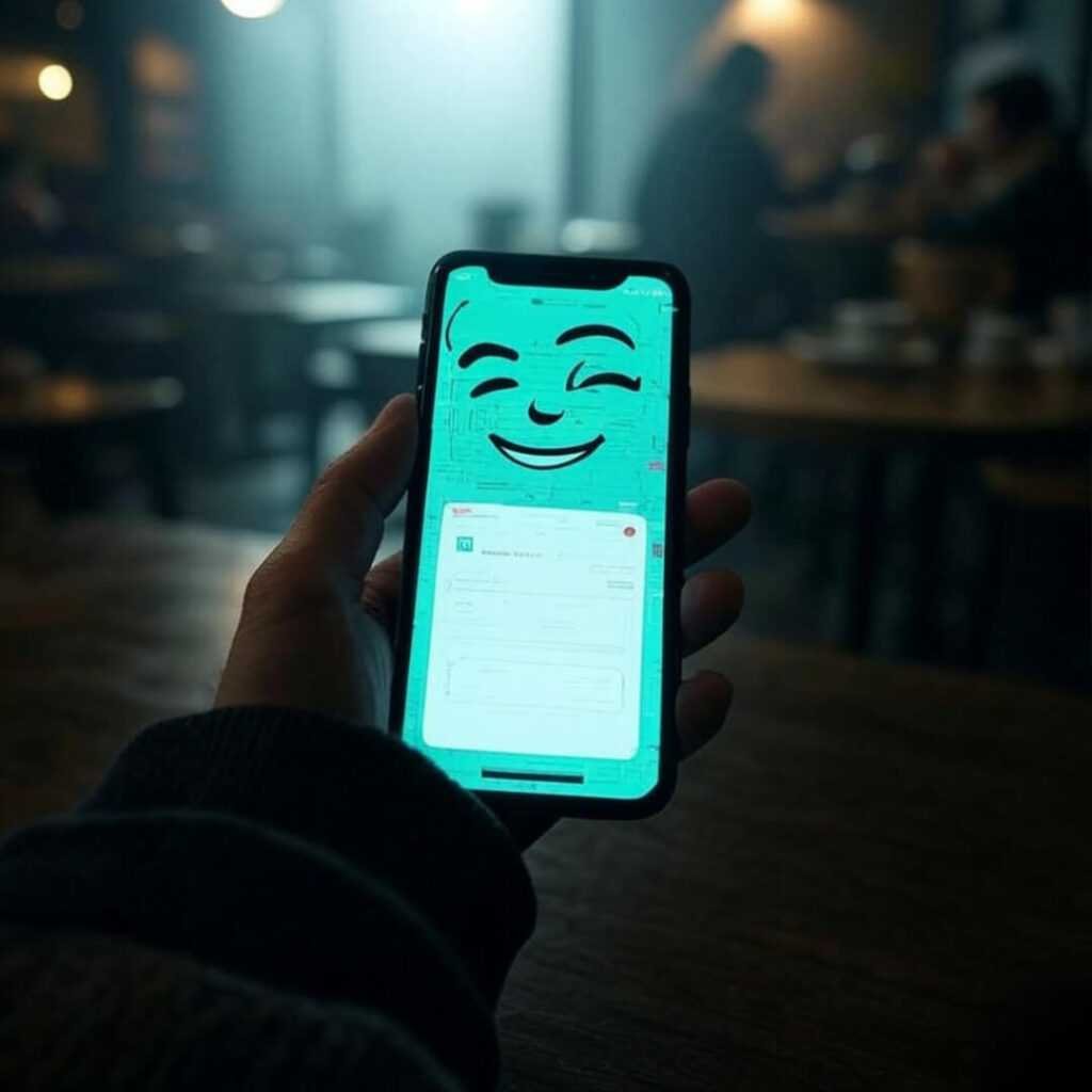 A hand fumbling with a smartphone displaying a glitchy, winking AI app interface in a dim, foggy coffee shop.