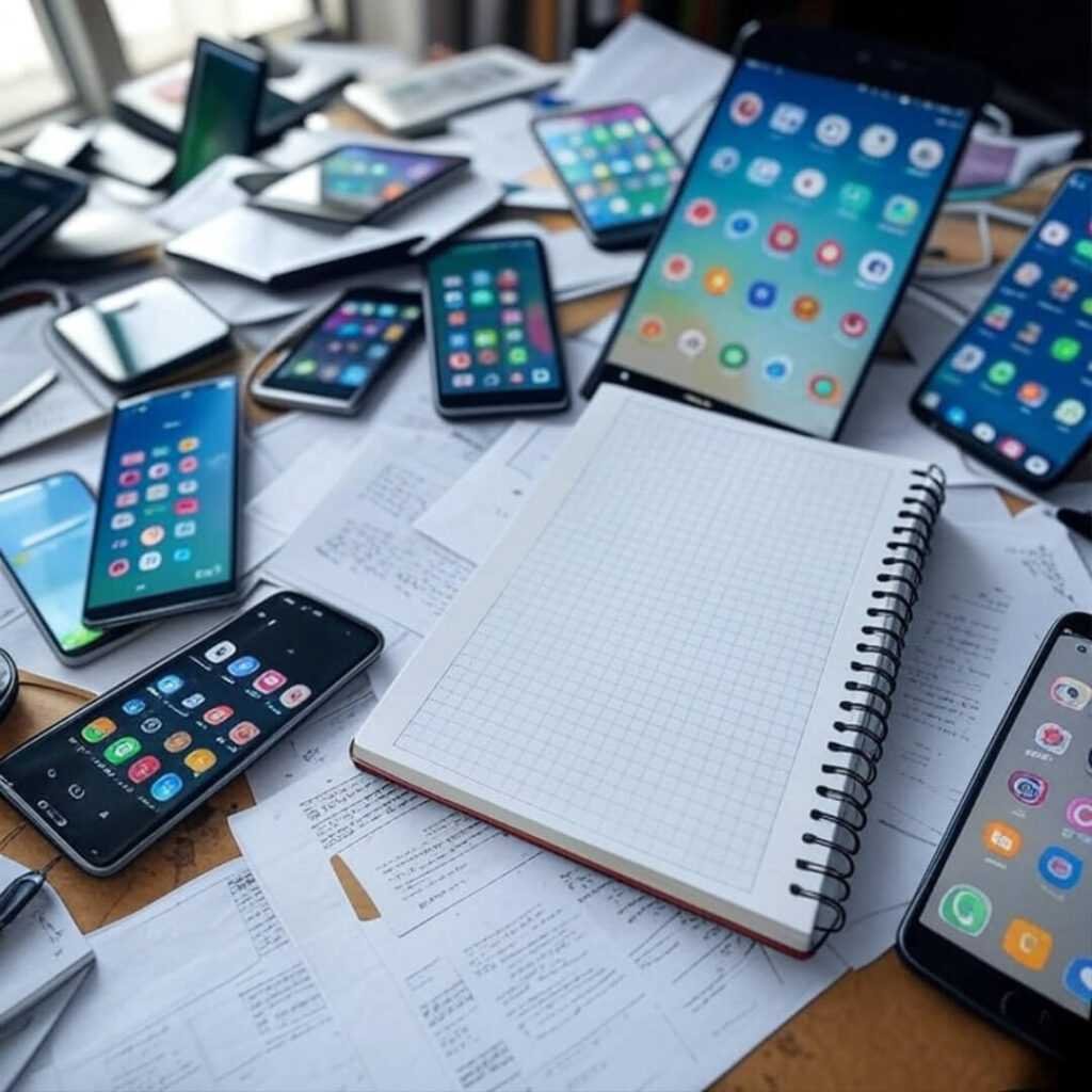 Overhead view of a scribbled notebook surrounded by scattered phone screens and puzzle pieces, showcasing a chaotic desk dive into 2025’s top mobile innovators.