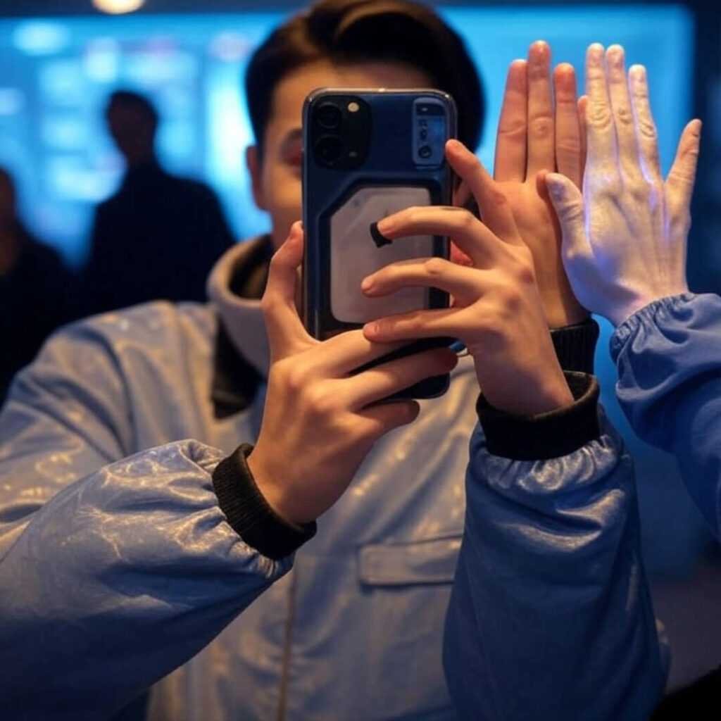 Blurry mirror selfie with a phone too close, reflecting a holographic high-five, capturing an awkward future-proofing moment with 2025’s wild apps.