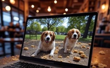 Remove Backgrounds From Photos Instantly: Your Ultimate Guide Retro chaos: Laptop edits dog park pic amid donut crumbs in Portland glow, captured from a shaky low-angle POV with a slightly tilted frame, as if about to knock over a latte.