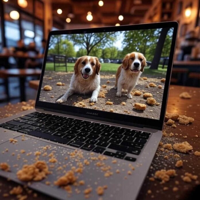 Retro chaos: Laptop edits dog park pic amid donut crumbs in Portland glow, captured from a shaky low-angle POV with a slightly tilted frame, as if about to knock over a latte.