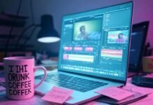 Top Automatic Video Editing Apps That Save You Hours "Late-night editing chaos: a glowing laptop with video clips, a half-empty 'No Time to Rest' mug, and a crumpled sticky note screaming 'Deadline Today!'—all bathed in muted neon hues and a glitchy glow. 🎥☕😂"