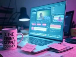 Top Automatic Video Editing Apps That Save You Hours "Late-night editing chaos: a glowing laptop with video clips, a half-empty 'No Time to Rest' mug, and a crumpled sticky note screaming 'Deadline Today!'—all bathed in muted neon hues and a glitchy glow. 🎥☕😂"