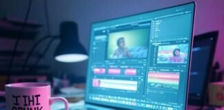 Top Automatic Video Editing Apps That Save You Hours "Late-night editing chaos: a glowing laptop with video clips, a half-empty 'No Time to Rest' mug, and a crumpled sticky note screaming 'Deadline Today!'—all bathed in muted neon hues and a glitchy glow. 🎥☕😂"