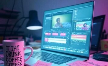 Top Automatic Video Editing Apps That Save You Hours "Late-night editing chaos: a glowing laptop with video clips, a half-empty 'No Time to Rest' mug, and a crumpled sticky note screaming 'Deadline Today!'—all bathed in muted neon hues and a glitchy glow. 🎥☕😂"