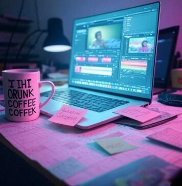 Top Automatic Video Editing Apps That Save You Hours "Late-night editing chaos: a glowing laptop with video clips, a half-empty 'No Time to Rest' mug, and a crumpled sticky note screaming 'Deadline Today!'—all bathed in muted neon hues and a glitchy glow. 🎥☕😂"