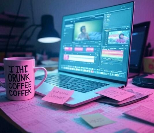 Top Automatic Video Editing Apps That Save You Hours "Late-night editing chaos: a glowing laptop with video clips, a half-empty 'No Time to Rest' mug, and a crumpled sticky note screaming 'Deadline Today!'—all bathed in muted neon hues and a glitchy glow. 🎥☕😂"