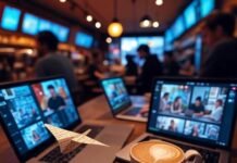 Turn Text Into Videos With These Free AI Apps: Effortless Video Creation! Bustling coffee shop with a laptop showing a colorful video montage, a half-spilled latte on an open notebook, a phone displaying an AI app, and a tiny paper airplane, all under warm orange lighting with an electric blue screen glow.