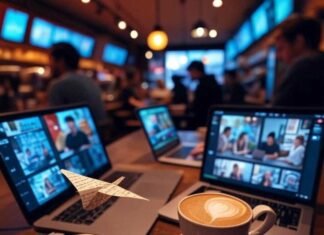 Turn Text Into Videos With These Free AI Apps: Effortless Video Creation! Bustling coffee shop with a laptop showing a colorful video montage, a half-spilled latte on an open notebook, a phone displaying an AI app, and a tiny paper airplane, all under warm orange lighting with an electric blue screen glow.