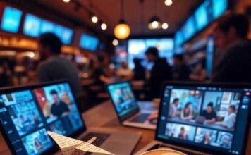 Turn Text Into Videos With These Free AI Apps: Effortless Video Creation! Bustling coffee shop with a laptop showing a colorful video montage, a half-spilled latte on an open notebook, a phone displaying an AI app, and a tiny paper airplane, all under warm orange lighting with an electric blue screen glow.