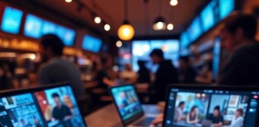 Turn Text Into Videos With These Free AI Apps: Effortless Video Creation! Bustling coffee shop with a laptop showing a colorful video montage, a half-spilled latte on an open notebook, a phone displaying an AI app, and a tiny paper airplane, all under warm orange lighting with an electric blue screen glow.