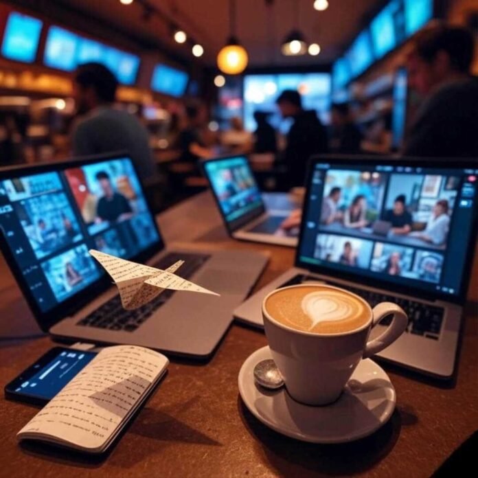 Bustling coffee shop with a laptop showing a colorful video montage, a half-spilled latte on an open notebook, a phone displaying an AI app, and a tiny paper airplane, all under warm orange lighting with an electric blue screen glow.