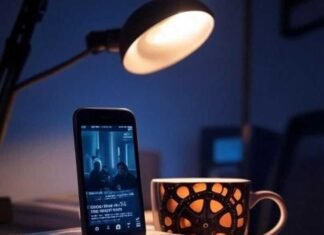 Cinematic Videos on Your Phone? Discover the Best Mobile Apps! Alt text: A cluttered desk in a dimly lit Brooklyn apartment with an iPhone propped on books, displaying a cinematic video, a shaky hand suggesting excitement, and a quirky film reel coffee mug glowing in warm amber light from a desk lamp, with a faint lens flare and moody indigo shadows.