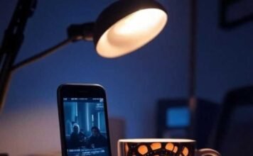 Cinematic Videos on Your Phone? Discover the Best Mobile Apps! Alt text: A cluttered desk in a dimly lit Brooklyn apartment with an iPhone propped on books, displaying a cinematic video, a shaky hand suggesting excitement, and a quirky film reel coffee mug glowing in warm amber light from a desk lamp, with a faint lens flare and moody indigo shadows.