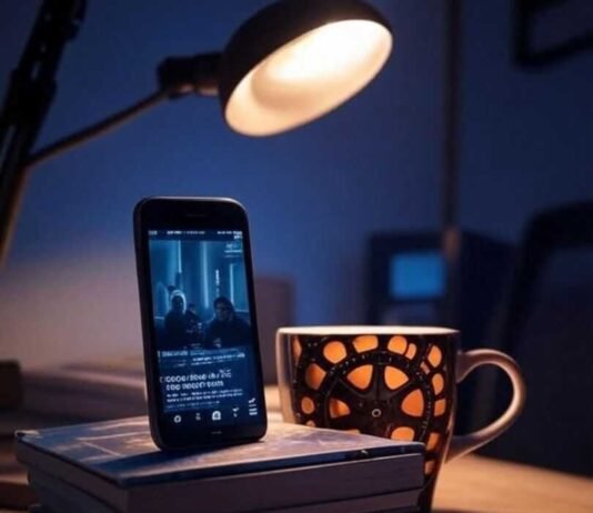 Cinematic Videos on Your Phone? Discover the Best Mobile Apps! Alt text: A cluttered desk in a dimly lit Brooklyn apartment with an iPhone propped on books, displaying a cinematic video, a shaky hand suggesting excitement, and a quirky film reel coffee mug glowing in warm amber light from a desk lamp, with a faint lens flare and moody indigo shadows.