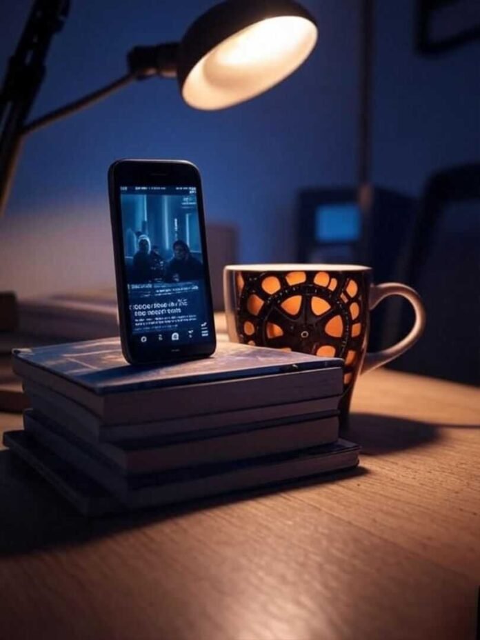 Alt text: A cluttered desk in a dimly lit Brooklyn apartment with an iPhone propped on books, displaying a cinematic video, a shaky hand suggesting excitement, and a quirky film reel coffee mug glowing in warm amber light from a desk lamp, with a faint lens flare and moody indigo shadows. Alt text: A cluttered desk in a dimly lit Brooklyn apartment with an iPhone propped on books, displaying a cinematic video, a shaky hand suggesting excitement, and a quirky film reel coffee mug glowing in warm amber light from a desk lamp, with a faint lens flare and moody indigo shadows.